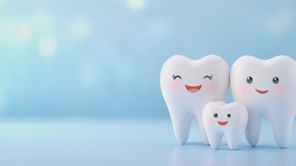 Fototapeta premium Characters of a happy dental family on a blue background