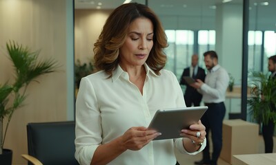 Latin Hispanic mature adult professional business woman looking at online trade app. European businesswoman CEO holding digital tablet using fintech tab business application standing workplace office