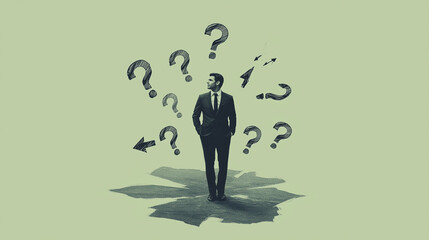 Minimalist retro collage of a black-and-white photograph of a man in a suit against a green background, surrounded by arrows and question marks. Concept of doubt and choice.