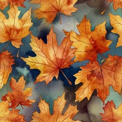 Colorful background of autumn maple tree leaves background. Multicolor maple leaves autumn background. Painted in watercolor
