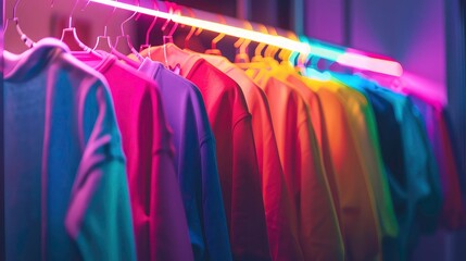 A row of colorful shirts hang on hangers under a bright neon light, casting vibrant hues and shadows on the smooth fabric.