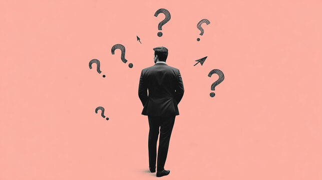 Minimalist retro collage of a black-and-white photograph of a man in a suit against a pink background, surrounded by arrows and question marks. Concept of doubt and choice.