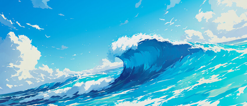 anime background illustration with a big wave in the blue ocean against blue cloudy sky