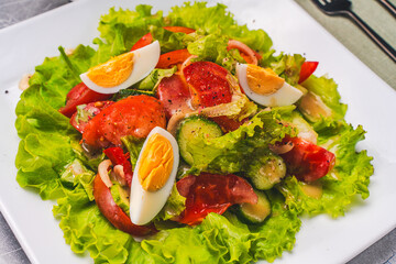 Tomato, cucumber, pepper and lettuce salad with boiled eggs on a white square plate on a gray background.