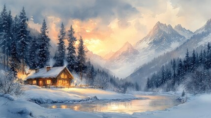 Fototapeta premium Cozy cabin in snowy mountains - generative ai