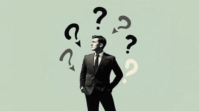 Minimalist retro collage of a black-and-white photograph of a man in a suit against a green background, surrounded by arrows and question marks. Concept of doubt and choice.