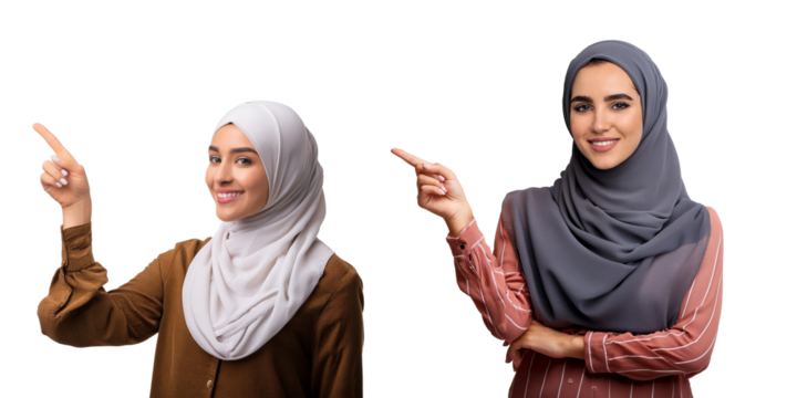 Portrait of a Arabic young woman pointing into a space, copy space, isolated on a transparent background