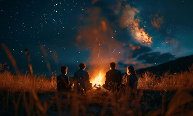 Fototapeta premium Romantic scene of four young teens sitting near camp fire and chatting during warm summer day ending sunset hours. People relation, town getawat and beauty in Nature concept image.
