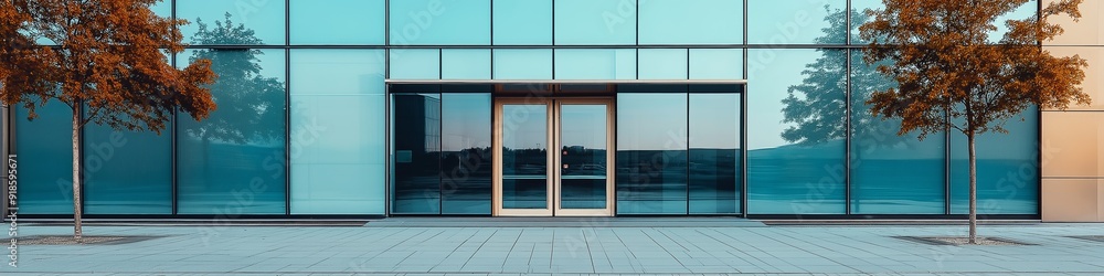 Poster a large glass building with a tree in front of it. the building is very modern and has a lot of wind