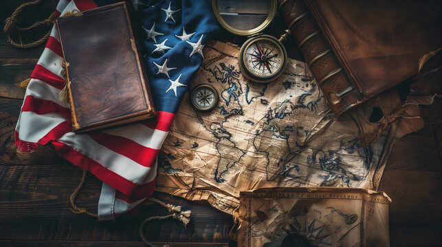 symbolic image for Columbus Day - celebrating exploration and discovery with us flag