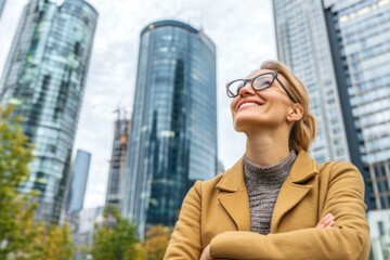 Fototapeta premium Confident Businesswoman in Urban Landscape Smiling at High-Rise Office Buildings