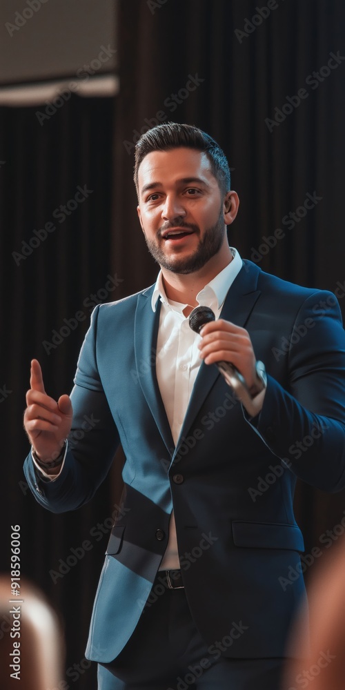 Poster a man in a suit and tie is standing in front of a crowd and holding a microphone. he is smiling and 