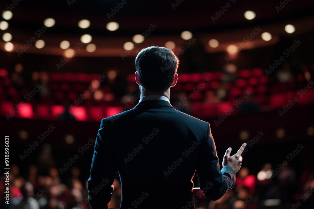 Poster a man stands in front of a crowd, giving a speech. the audience is attentive and engaged, and the ma