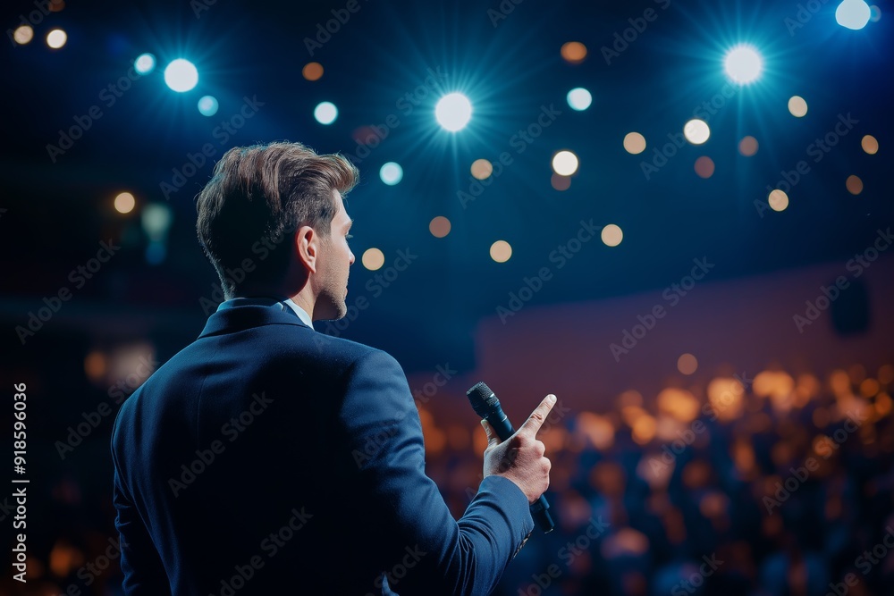 Poster a man stands on stage with a microphone in front of a crowd. he is dressed in a suit and tie, and th