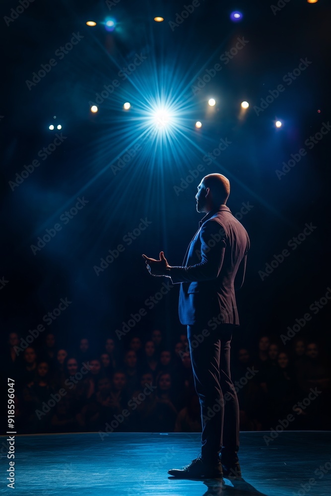 Poster a man stands on stage in front of a crowd, with a spotlight shining on him. he is dressed in a suit 