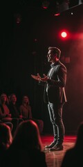 Fototapeta premium A man stands on stage in front of a crowd, giving a speech. The audience is attentive and listening intently. The man is dressed in a suit and tie, giving off a professional and confident vibe