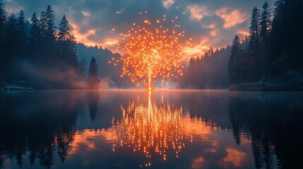 Explosive fireworks over serene lake - generative ai