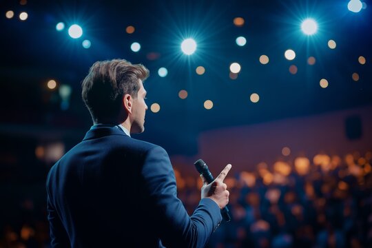 A man stands on stage with a microphone in front of a crowd. He is dressed in a suit and tie, and the lights are shining brightly on him. Concept of professionalism and importance