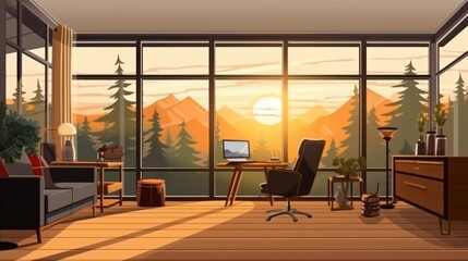 Fototapeta premium Modern cozy living room with a coding desk at sunset