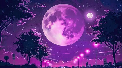 Fototapeta premium A stunning painting featuring a luminous full moon against the backdrop of tree-lined streets and illuminated buildings