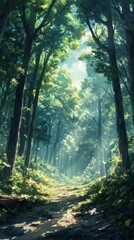 Obraz premium Secluded Anime-Inspired Forest, Dense Foliage with Sunbeams Piercing Through, Solitary Bird Songs in a Tranquil, Mystical Setting,Abstract concepts, game concept art, storybook illustrations