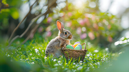 cute easter bunny distributing easter eggs with a basket