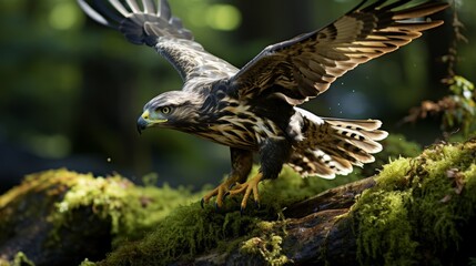 Fototapeta premium Hawk in flight graceful predator ready for hunting, intensely focused on prey in the air