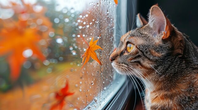 House cat s tranquil curiosity observing autumn leaves through reflective window