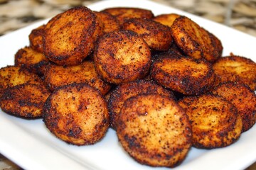 Close-up of Spicy Roasted Potato Slices on White Plate - Delicious Crispy Snack