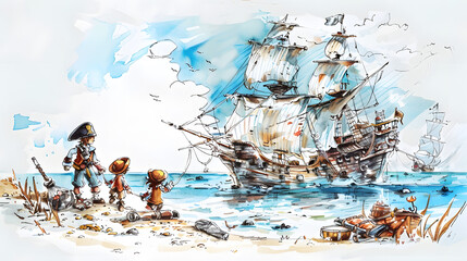 Colorful pirate ship adventure with children on a beach, engaging illustration featuring playful kids dressed as pirates looking at sailing ship, ocean waves, clear sky.