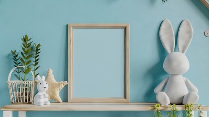   A picture frame rests on a shelf with a stuffed bunny and rabbit figurine nearby