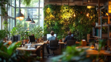 Fototapeta premium Green workspace with plants and natural light - generative ai
