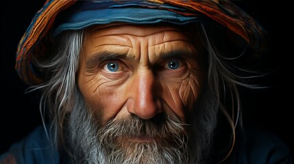 Expressive portrait of elderly man with deep eyes, revealing life through wrinkles and skin texture