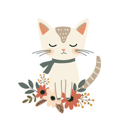 Cute cartoon cat sitting on flowers background. Vector illustration in flat style.