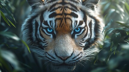 Fototapeta premium Close-up of a tiger with intense blue eyes in foliage - generative ai