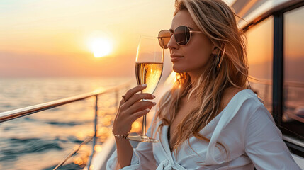 A woman relaxes with champagne on a yacht as the sun sets over the ocean