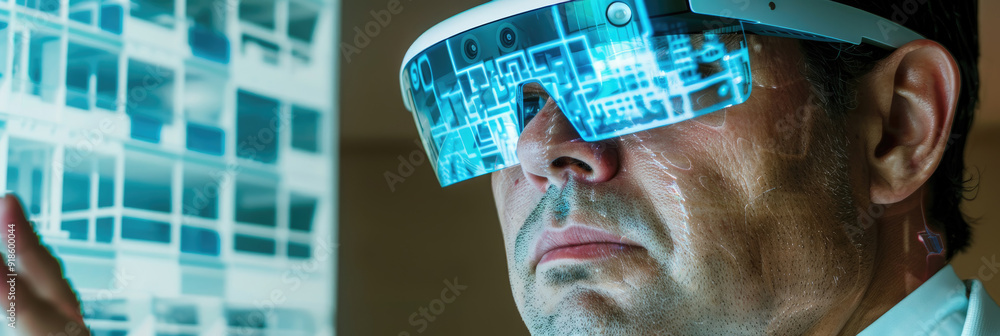 Poster a person engages with a digital interface using augmented reality in a contemporary workspace