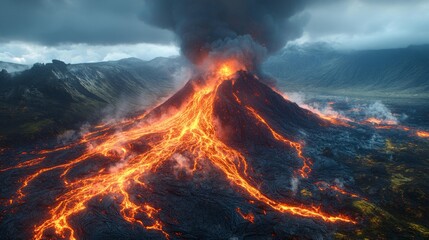 Erupting volcano with lava flow - generative ai