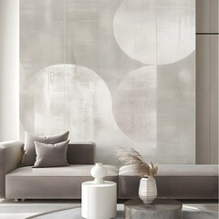 Minimalist Modern Living Room with Sleek Furniture and Abstract Geometric Wall Art in Neutral Tones