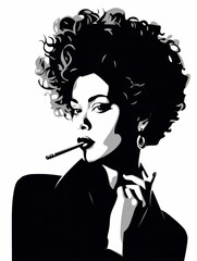 Obraz premium Woman with curly hair smoking a cigar in stylish pose