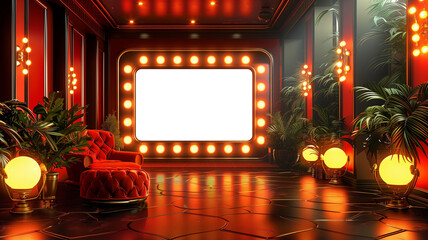CASINO Mockup Bright and glowing neon red and yellow lights. Casino hall. Poker club. Mock-up. Empty board photo frame. Colorful illustration. Ai generated.