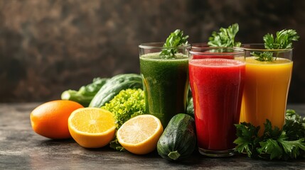 Fototapeta premium Three glasses of juice with a variety of fruits and vegetables in front of them