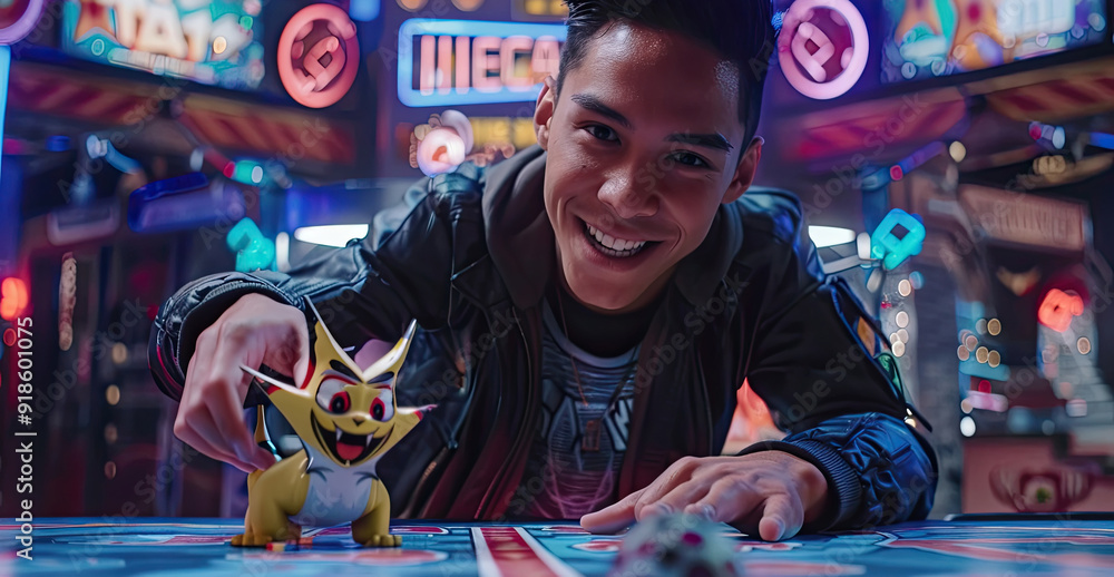 Poster A young man engages playfully with an animated character on a game board in a lively arcade atmosphere