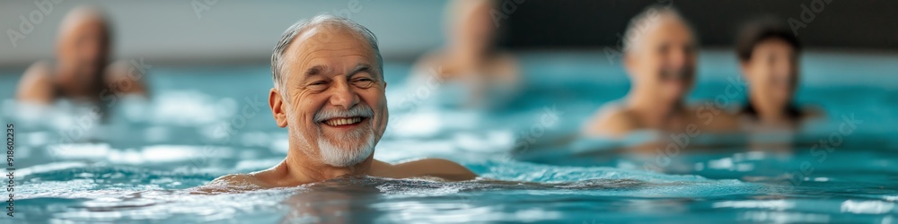 Poster a man is smiling while swimming in a pool. the other people in the pool are also smiling. scene is h