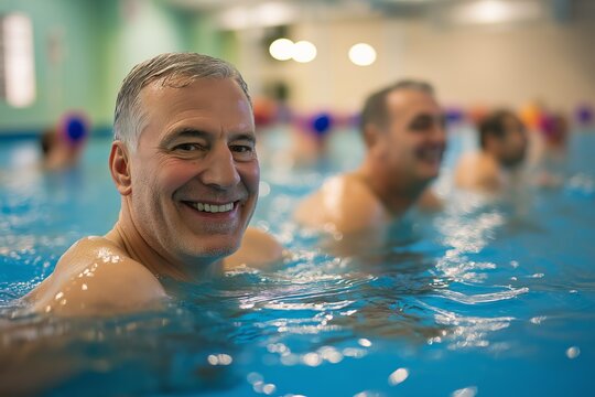 A man is smiling in a pool with other people. Scene is happy and relaxed