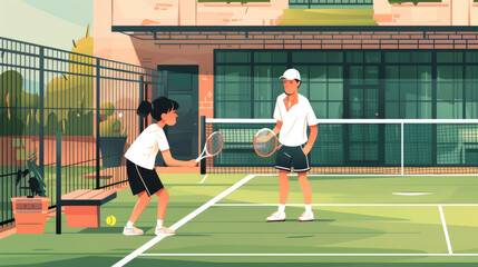 Obraz premium Two players engage in a tennis practice session on a well-maintained outdoor court