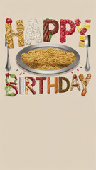 A happy birthday card with spaghetti and forks on a plate, AI