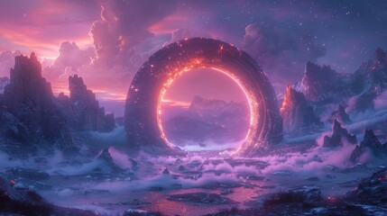 Futuristic sci-fi landscape with glowing portal - generative ai