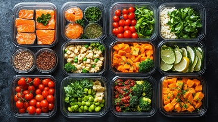 A row of plastic containers filled with a variety of fruits and vegetables