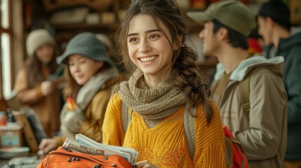 Vibrant airport check in scene with smiling traveler buying tickets in photorealistic illustration